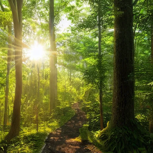 Prompt: An incredibly diverse forest, the light shoots through the trees from the sun, a walking path through the side, in the style of studio ghibli