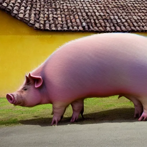 Prompt: giant pig painting walking through a village, surreal, photo realistic