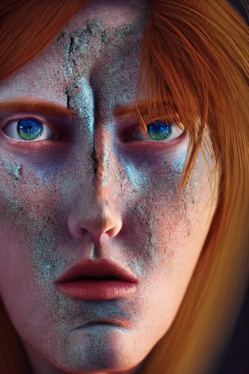 Image similar to outer body projection of beautiful woman, blue eyes, angry look, messy ginger hair, 4 k, cinematic lighting, hdr, highly detailed, ultra fine detail, photoreal, sharp focus, art by zdislav beksinski, rendered in octane, raytraced