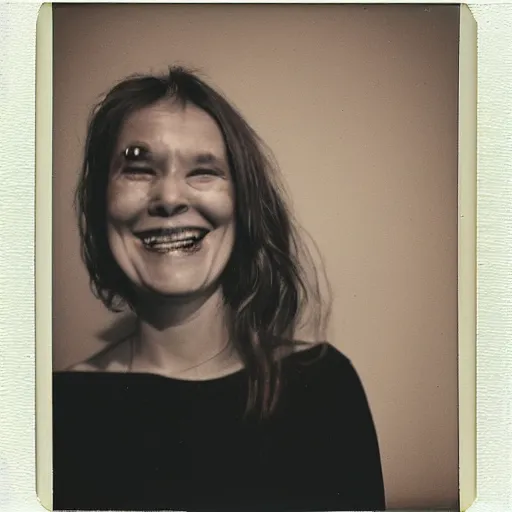 Prompt: portrait of a smiling woman with too many teeth. hundreds of teeth. hq photo, surreal, harsh lighting. polaroid type 6 0 0. fear. unnerving. unreality