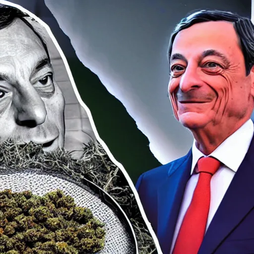 Image similar to Mario Draghi becomes a hemp farmer growing weed with snoop Dogg