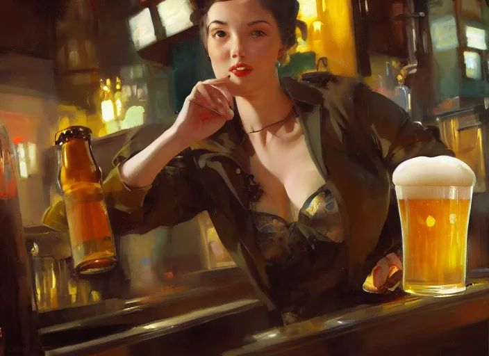 Image similar to greg manchess still life painting of a delicious mug of beer in a dieselpunk bar, organic painting, matte painting, bold shapes, hard edges, street art, trending on artstation, by huang guangjian and gil elvgren and sachin teng