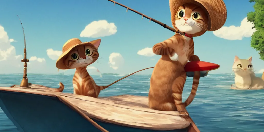 Image similar to a wholesome animation key shot of a cute cat on a fishing boat wearing a sunhat, studio ghibli, pixar and disney animation, sharp, rendered in unreal engine 5, anime key art by greg rutkowski, bloom, dramatic, dynamic lighting