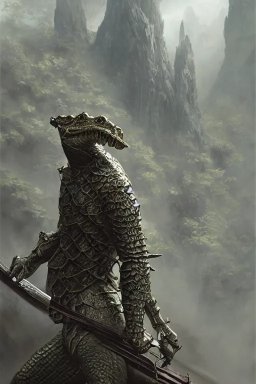 Prompt: a anthropomorphic crocodile warrior, wearing samourai armor, diffuse lighting, fantasy, intricate, elegant, highly detailed, lifelike, photorealistic, digital painting, artstation, illustration, concept art, smooth, sharp focus, naturalism, trending on byron's - muse and national - geographic, by greg rutkowski and greg staples