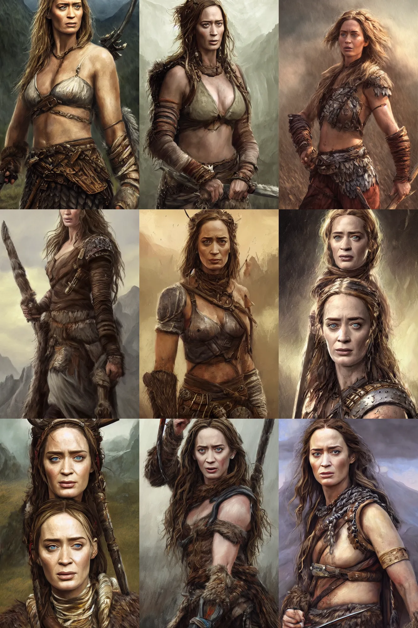 Image similar to a full body high detail fantasy portrait oil painting illustration of emily blunt as a single rugged stoic barbarian woman by Justin Sweet with face and body clearly visible, in a scenic background, pupils visible, realistic proportions, d&d, rpg, forgotten realms, artstation trending, high quality, sombre mood, artstation trending, muted colours, no crop, entire person visible!, natural light, Adobe Photoshop, Adobe Lightroom, photolab, Affinity Photo,