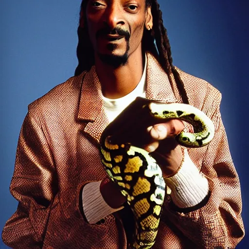 Prompt: Snoop Dogg holding a snake for a 1990s sitcom tv show, Studio Photograph, portrait, C 12.0