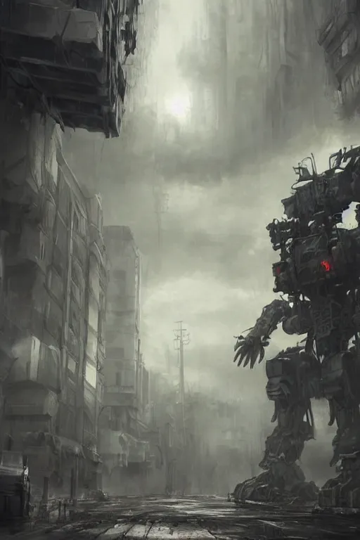 Image similar to ultra realist and ultra intricate detailed soft painting of a large mech, standing in a post-apocalyptic street, sensual gloomy style, volumetric clouds, artstation, unreal render, depth of field