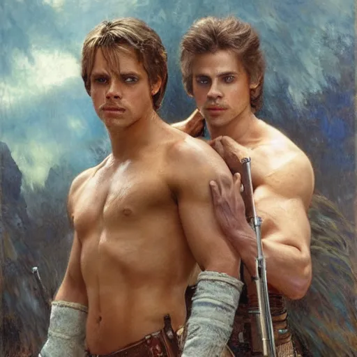 Prompt: 2 muscular attractive men, mark hamill, hayden christensen, star wars, painting by gaston bussiere, craig mullins, greg rutkowski, alphonse mucha