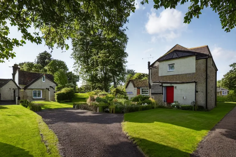 Prompt: cyberpunk, an estate agent listing photo, external view of a 5 bedroom detached countryside house in the UK, summer, sunny day, by Takashi Murakami