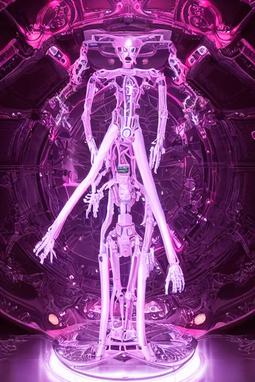 Image similar to full-body baroque and bladerunner style pink neon statue of a beautiful pale mech robot goddess humanoid dancing sim roupa, glowing white face, street hoody of red steampunk lasers, emeralds, swirling silver silk fabric. futuristic elements. prismatic liquid rainbow light, full-length view. space robots. human skulls. throne made of bones, intricate artwork by caravaggio. Trending on artstation, octane render, cinematic lighting from the right, hyper realism, octane render, 8k, depth of field, 3D