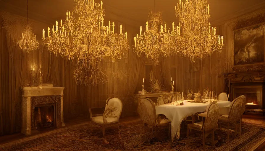 Image similar to White dining room with a fireplace and a magnificent golden chandelier in a Neo-Gothir manor during the night, hyperdetailed, artstation, cgsociety, 8k