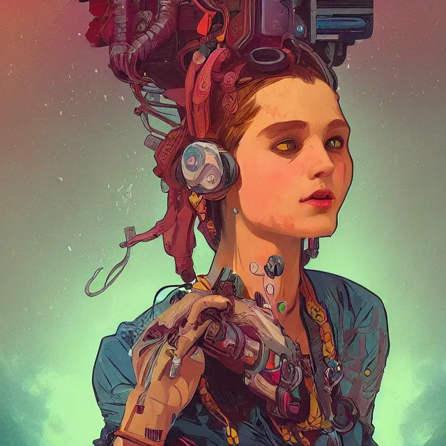 Image similar to a beautiful portrait painting of a ( ( cyberpunk ) ) girl by simon stalenhag and pascal blanche and alphonse mucha!! and nekro. in style of digital art. colorful comic, film noirs!, symmetry, hyper detailed. octane render. trending on artstation