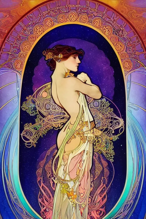 Image similar to beautiful goddess of space and dreams by alphonse mucha, mandala, coherent design, symmetrical, vivid colors, digital watercolor ink illustration painting, complementary color, golden ratio, detailed, sharp lines, sharp focus, intricate, rainbowshift, artgerm, gustave dore, maxfield parrish, octane render