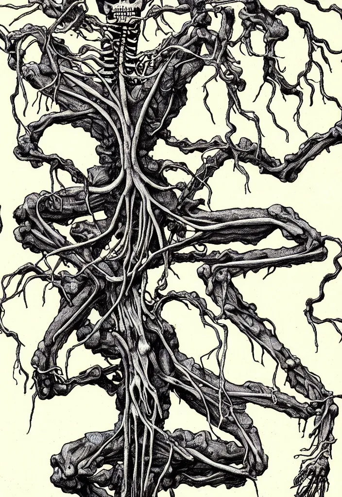 Image similar to prompt: anatomy dissection drawing skeleton Bonsai tree squid creature roots merging into big moon drawn by Takato Yamamoto, bonsai skeleton anatomy atlas, veins and organs attached to tree roots, alchemical objects inspired by 1980's sci-ci, old experimentation cabinet, intricate oil painting detail, manga 1980