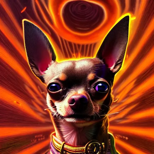 Image similar to a chihuahua with a third eye living in an extradimensional reality, in the style of wlop and alex grey, illustration, epic, fantasy, hyper detailed, smooth, unreal engine, sharp focus, ray tracing, physically based rendering