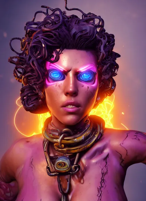 Image similar to glowwave portrait of curly hair muscular hot girl from borderlands 3, au naturel, hyper detailed, digital art, trending in artstation, cinematic lighting, studio quality, smooth render, unreal engine 5 rendered, octane rendered, art style by klimt and nixeu and ian sprigger and wlop and krenz cushart.