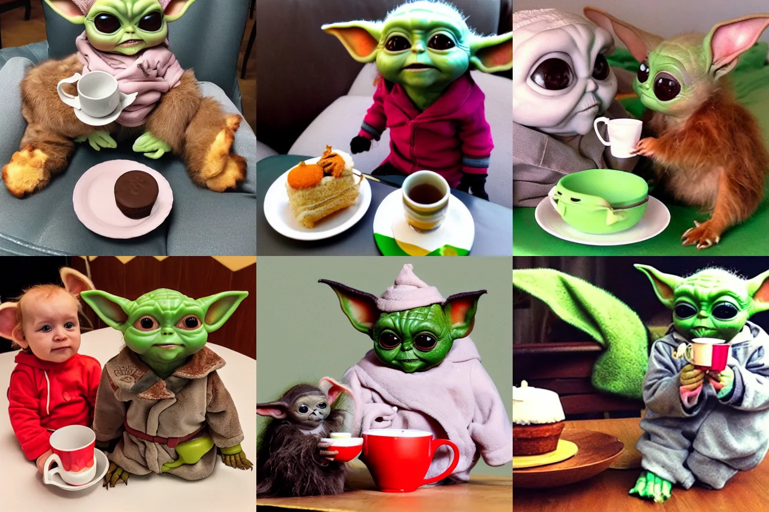 Prompt: gizmo and baby yoda having tea and cakes