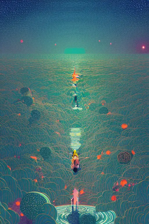 Prompt: garden of stars by victo ngai, kilian eng vibrant colours, dynamic lighting, digital art, winning award masterpiece, fantastically beautiful, illustration, aesthetically inspired by beksinski and dan mumford, trending on artstation, art by greg rutkowski, 8 k