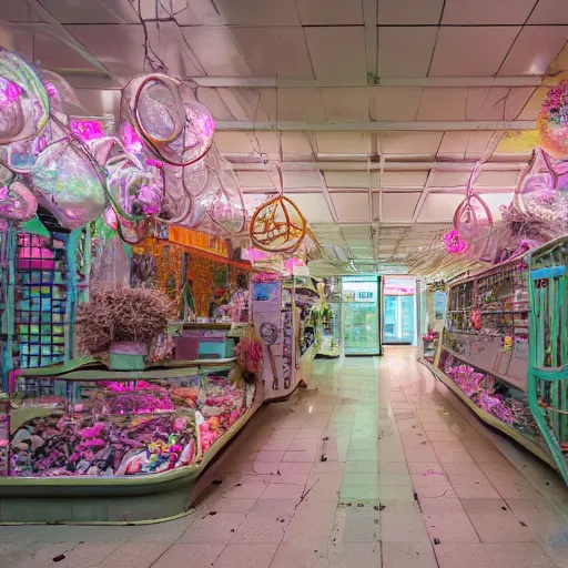 Prompt: futuristic, pastel colors, hd 8 k photography, abandoned, overgrown, candy shop in a mall