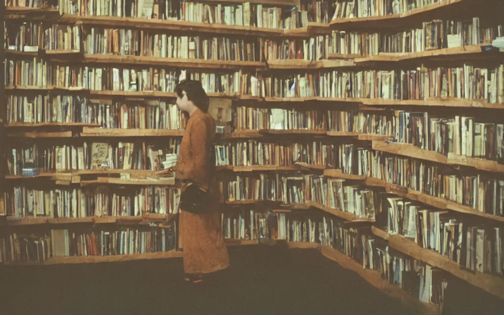 Image similar to bookseller shelves her books, claymation film still 35mm film grain