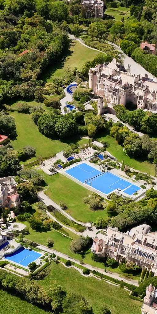 Prompt: In the resort between mountains and seas, British aristocratic castle style tennis courts