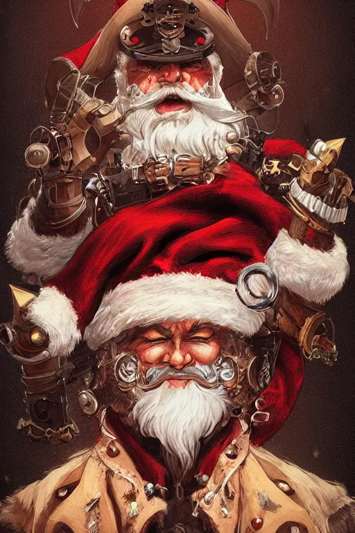 Image similar to evil santa claus steampunk half - cyborg cowboy, pelt coats, high fantasy, dnd, smooth, sharp focus, illustration, highly detailed, digital painting, artstation, concept art, by rossdraws, alphonse mucha, frank fanzzeta, collectible card art