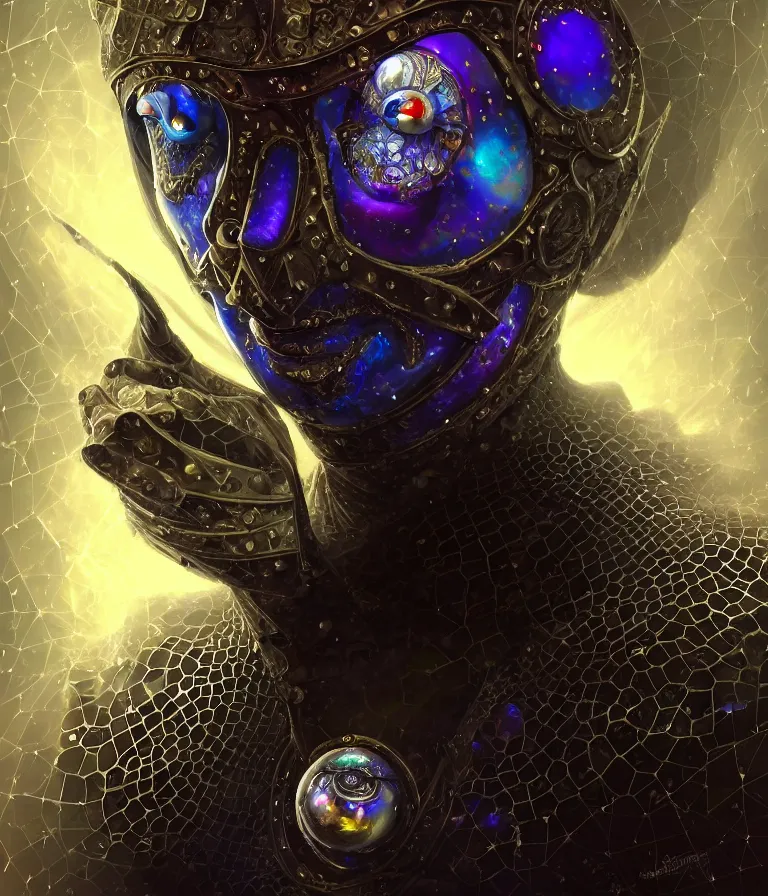 Image similar to front!!! shot of a court jester!!! character, mesmerizing fractal hypercubes, platinum cracked, dark holography!!!, future, metallic galactic, crystalline edges, polygonal, elegant, highly detailed, centered, (((artstation, concept art, jagged, sharp focus, artgerm, Tomasz Alen Kopera, Peter Mohrbacher, donato giancola, Joseph Christian Leyendecker, WLOP, Boris Vallejo))), ((raytracing)), mugshot!!!!!, ugly!!!!!!, octane render, nvidia raytracing demo, octane render, nvidia raytracing demo, octane render, nvidia raytracing demo, 8K