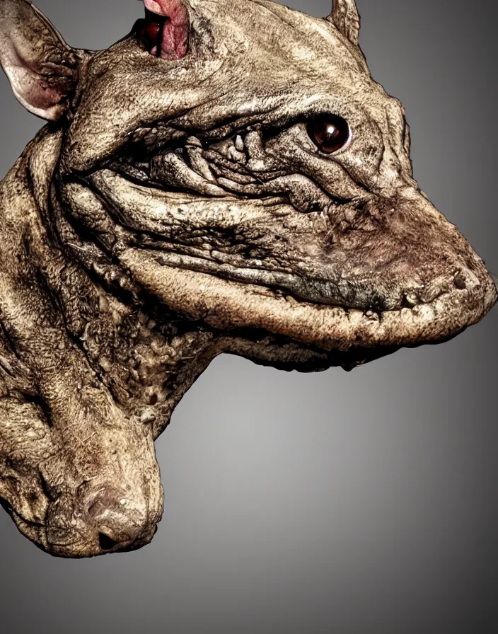 Image similar to high resolution photo portrait of muscular animal human merged head skin ears, background removed, scales skin dog rat, alligator cat merged bird head cow, chicken face morphed fish head, gills, horse head animal merge, morphing dog head, animal eyes, merging crocodile head, anthropomorphic creature
