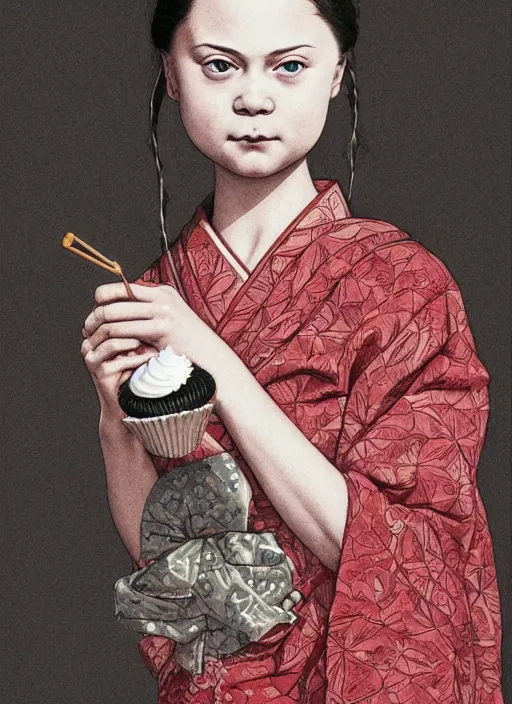 Image similar to detailed portrait of greta thunberg as a geisha eating cakes, trending on artstation elite, elegant, luxury, by krenz cushart, junji ito, takato yamamoto, perfect face, fine details, realistic shaded, fine - face, pretty face