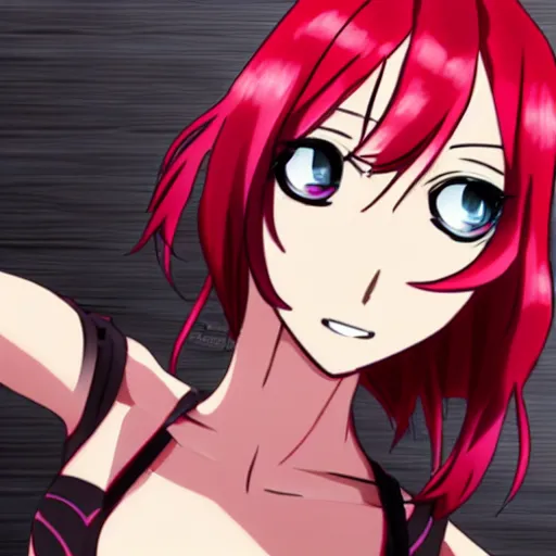 Image similar to maki nishikino from love live with cyborg body, red hair, anime style