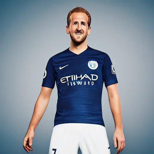 Image similar to a photograph of Harry Kane wearing a Manchester City jersey, black background, studio lighting