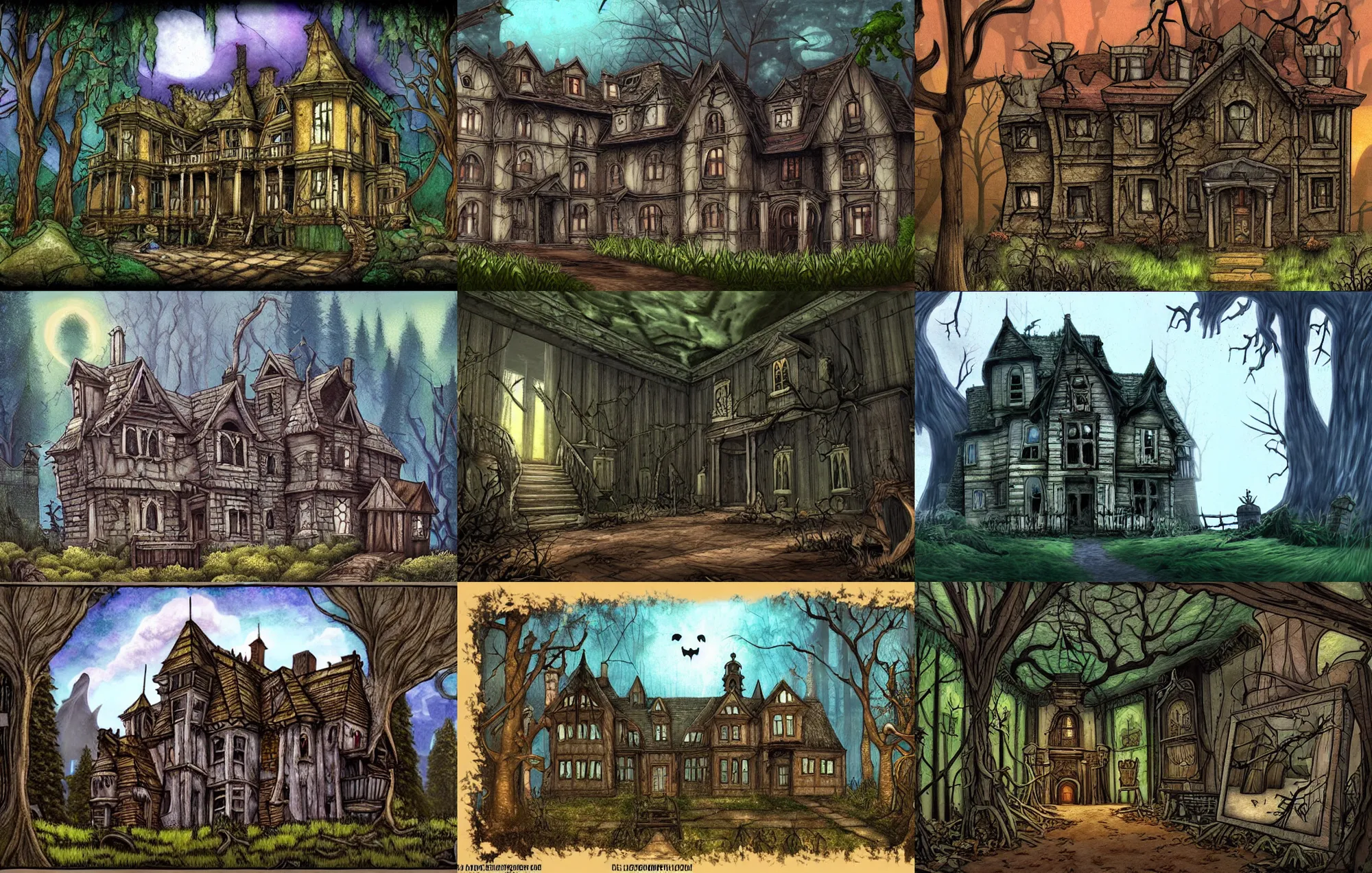 Prompt: an abandoned spooky 3 story manor in the middle of a dark forest, from a fantasy point and click 2 d graphic adventure game, art inspired by john shroades, king's quest, sierra entertainment games, landscape painting