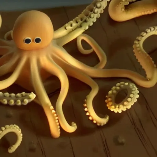 Image similar to claymation aardman animation of a octopus, beautiful ambient light