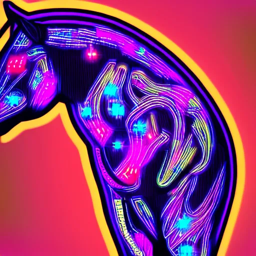 Image similar to digital horse, artificial being, glowing circuitboard patterns, retrowave palette, highly detailed, anatomically correct equine, synth feel, digital art