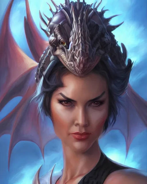 Image similar to dragon raider, digital art by julie bell and artgerm and ross tran and angel ganev, medium shot portrait, highly detailed, trending on artstationhq