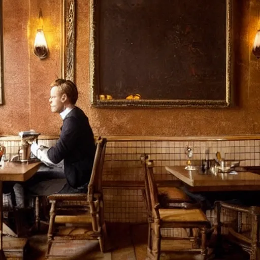 Prompt: ewan mcgregor is sitting at table in a cafe at paris in early 2 0 th century. atmospheric feeling, warm colours, brown colours, yellow colours, epic scene, cinematic, very detailed