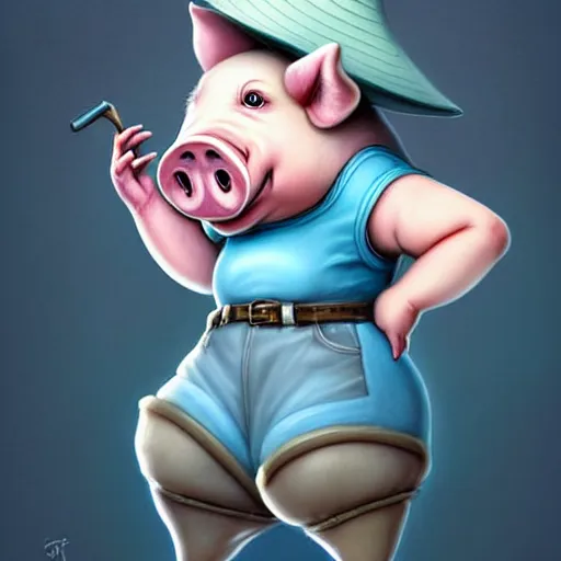 Image similar to cute little anthropomorphic funny female pig wearing shorts, a hat, boots and a pale blue shirt!! tiny!! fully clothed!!! small, short, cute and adorable, character art portrait, matte fantasy painting, deviantart artstation, by jason felix by steve argyle by tyler jacobson by peter mohrbacher, cinema