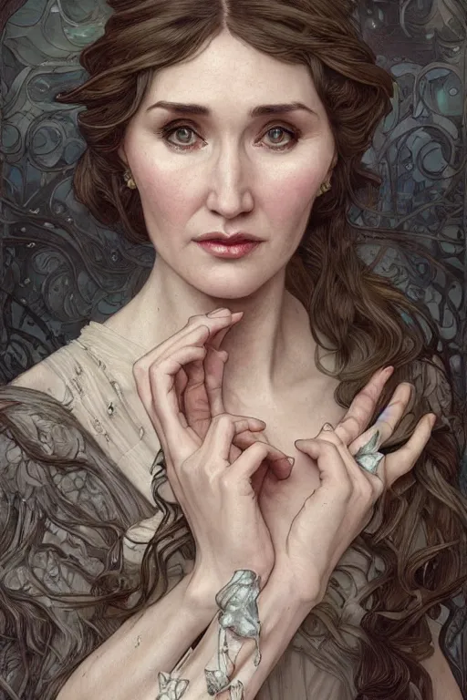 Image similar to carice van houten, cute, fantasy, intricate, elegant, highly detailed, digital painting, 4 k, hdr, concept art, smooth, sharp focus, illustration, art by artgerm and h r giger and alphonse mucha