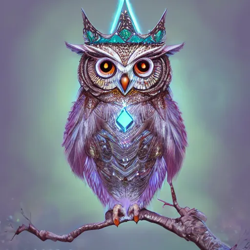 Prompt: detailed portrait of a magical owl, wearing a diamond crown, glowing feathers, digital art, realistic, dnd, character design, artstation