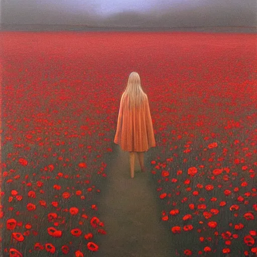 Image similar to a painting of a girl standing in a field of poppies by zdzisław beksiński