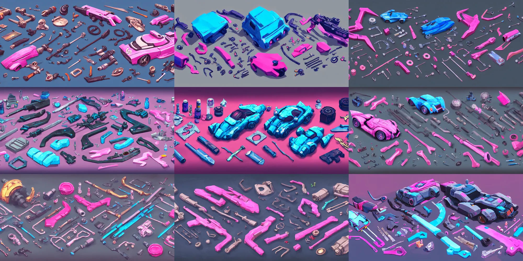 Prompt: game asset of car tuning kit, in gouache detailed paintings, props, stylized, 2 d sprites, kitbash, arcane, overwatch, blue and pink color scheme, 8 k, close up