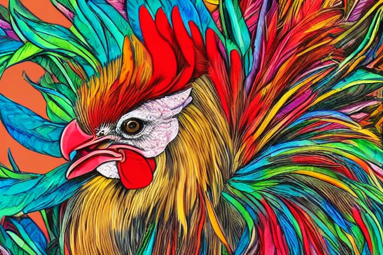 Prompt: illustration of a rooster with feathers of many colors, by feifei ruan and javier medellin puyou, lively colors, portrait, sharp focus, colored feathers, jungle
