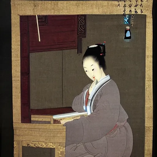 Image similar to the Chinese ancient painting of a lady playing the piano in Tang Dynasty , by Han Xizai