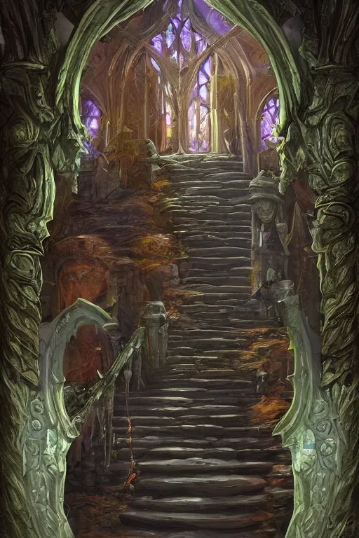 Prompt: stone steps fantasy leading do a gothic doorway opened, artstation by emilia dziubak, will terry, greg olsen, chris mars, ann long, and mark brooks, gret ritkowski dramatic, architecture, colorful clear sharp focus, warcraft architecture