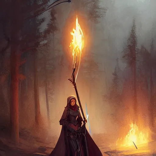 Image similar to A celtic-looking valkyrie nun wearing lightweight armor and wielding a splinter sword, at night, with a flame arrow rain on the background, award-winning digital art, Greg rutkowski, Trending artstation