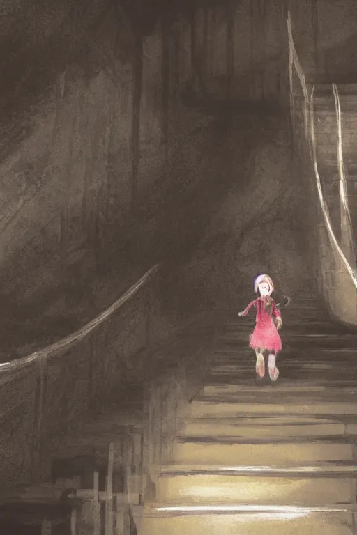 Image similar to a painting of two children with glowing eyes walking down a set of stairs, concept art by sadamichi hirasawa, featured on pixiv, neoplasticism, concept art, demonic photograph, cryengine