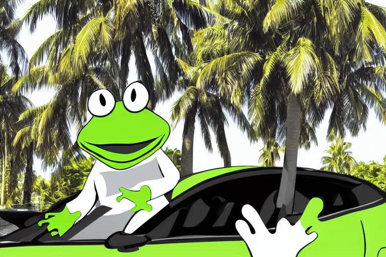 Image similar to human face as a frog driving a car, palm trees