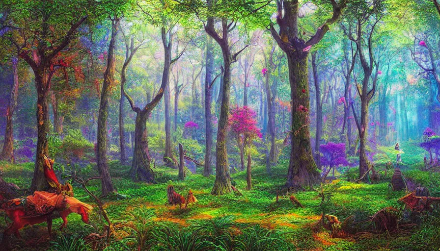 Image similar to landscape psychodelic dmt lsd forest, photorealistic, artgerm, artwork by Bierstadt, Albert