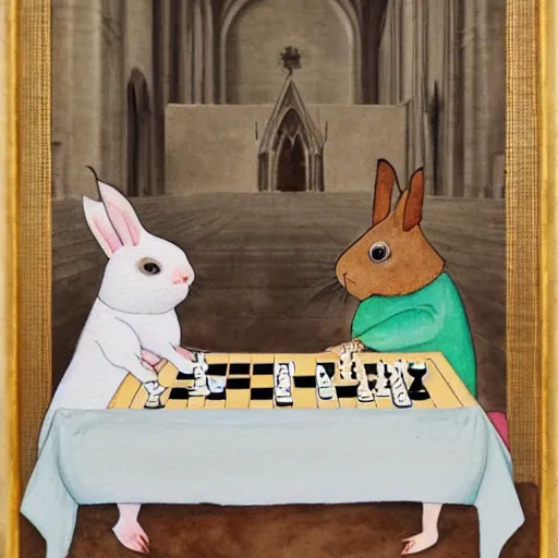 Prompt: a guinea pig and a rabbit playing chess in a cathedral, watercolour