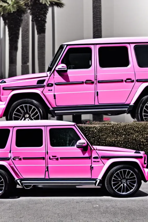 Prompt: Photo of a 2020 pink Mercedes-Benz G63 with Rodeo drive in the background, wide shot, poster, rule of thirds, photo print, golden hour, daylight, vibrant, volumetric lighting, award winning